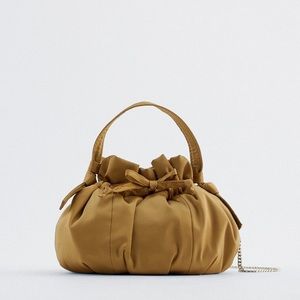 🆕ZARA GOLD NYLON SATIN MINI BUCKET BAG WITH SILVER CHAIN STRAP & SATIN BOWS NWT